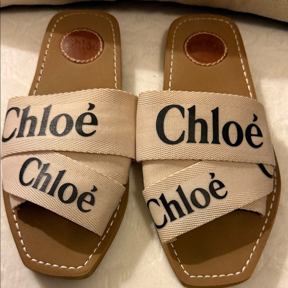Chloe Woody Flat Mules Women's Tan Sandals Slides - Picture 2 of 10